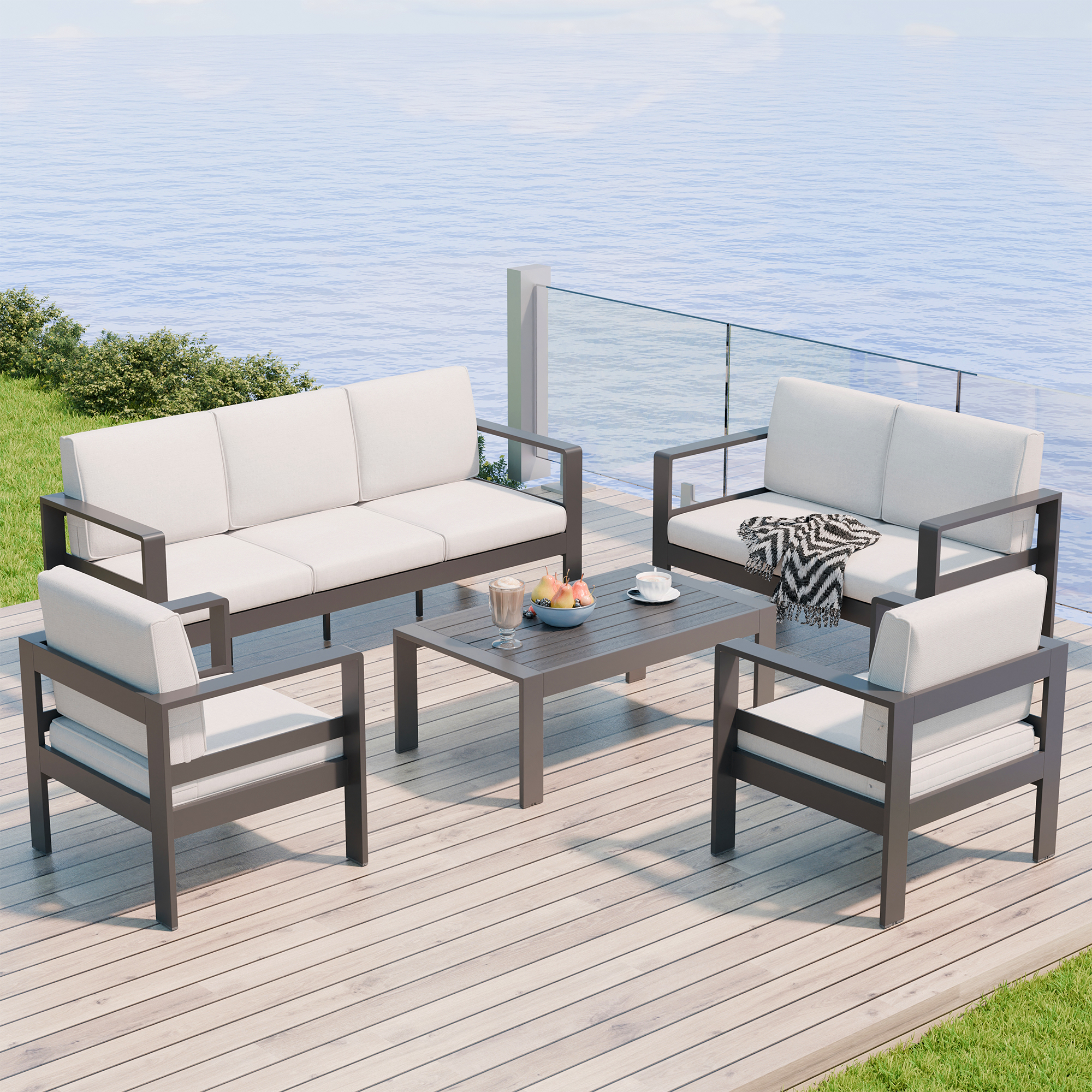 Guqiart Aluminum Patio Conversation Set,5 Pieces All Weather Outdoor Metal Modern Oversized Sectional Sofa Couch Outdoor Furniture for Backyard,Porch,Garden,Balcony,Deck