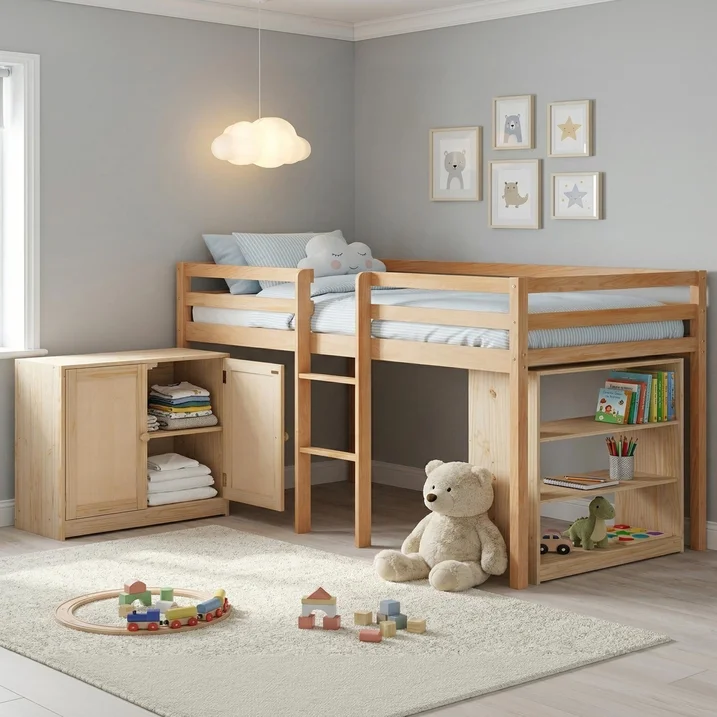 Guqiart Twin Low Loft Bed for Kids with Lights, Modern Toddler Loft Bed for Boys Girls,Safety Guardrail, Bookcase Storage & Play Space