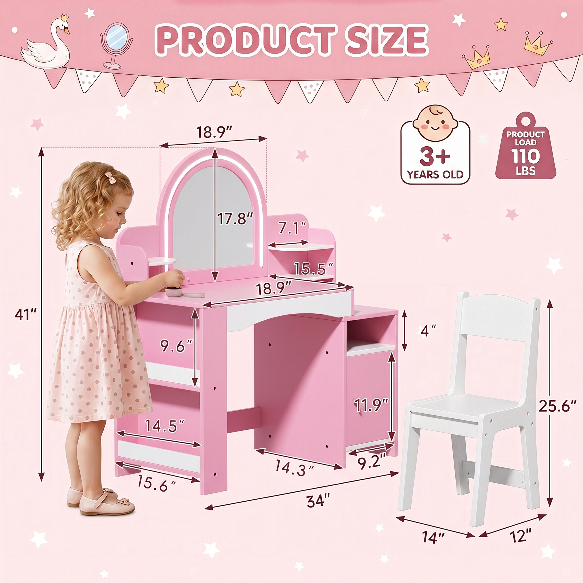 Kids Vanity with Lights, Princess Makeup Vanity Desk with Open Bookshelf, Storage Cabinet