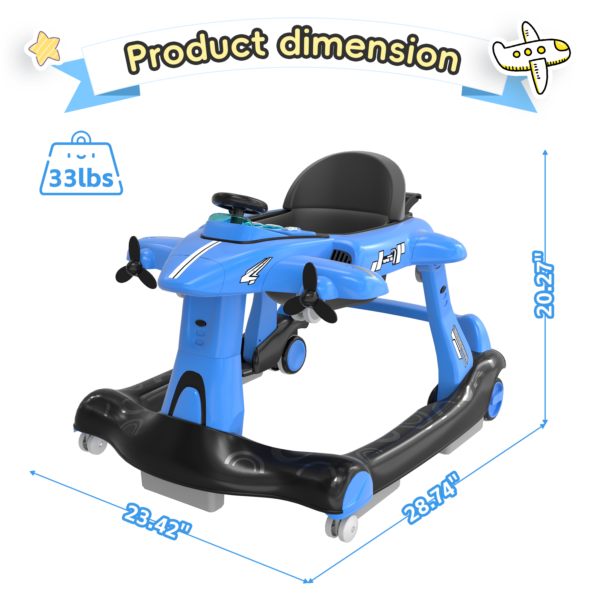 Guqiart 6-in-1 Baby Activity Walker with Wheels, Adjustable Height & Speed, Foldable Padded Seat Push Walker with Music & Lights for Boys Girls 6–18 Months