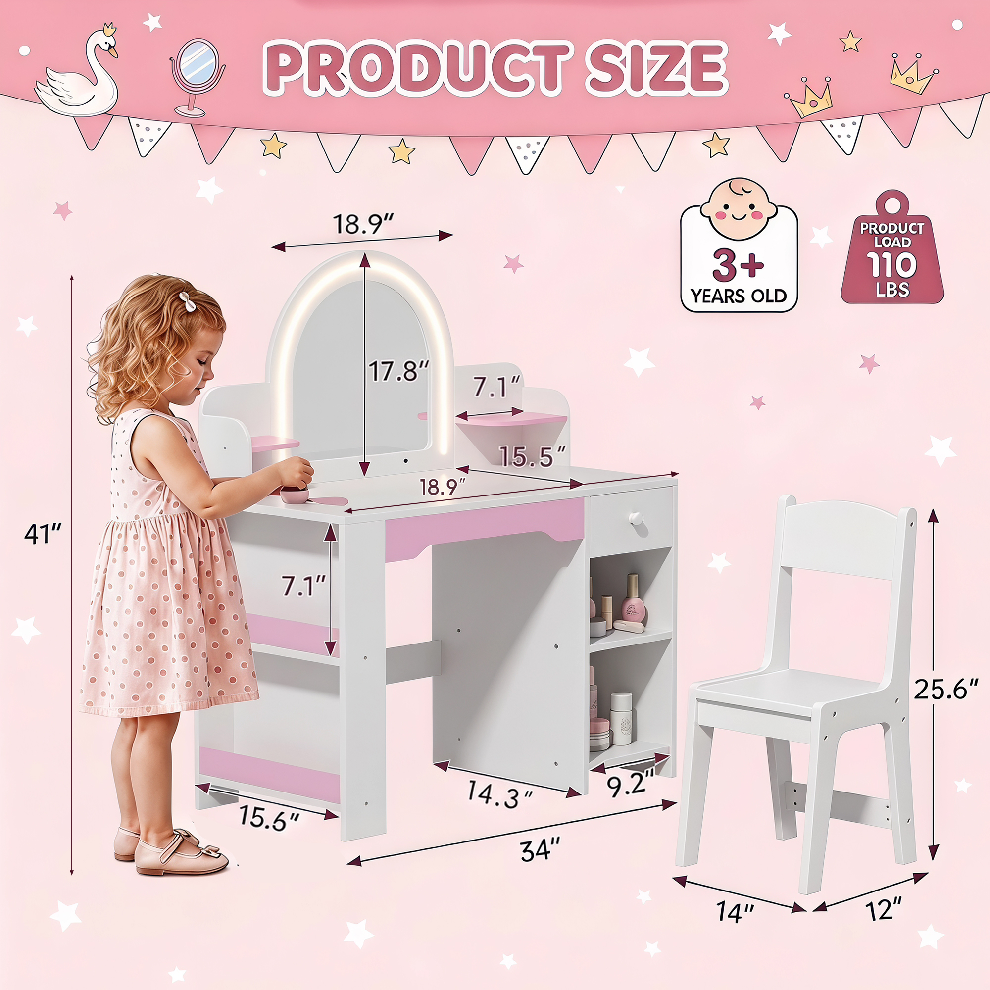 Guqiart Kids Vanity Set with Lighted Mirror and Stool, White