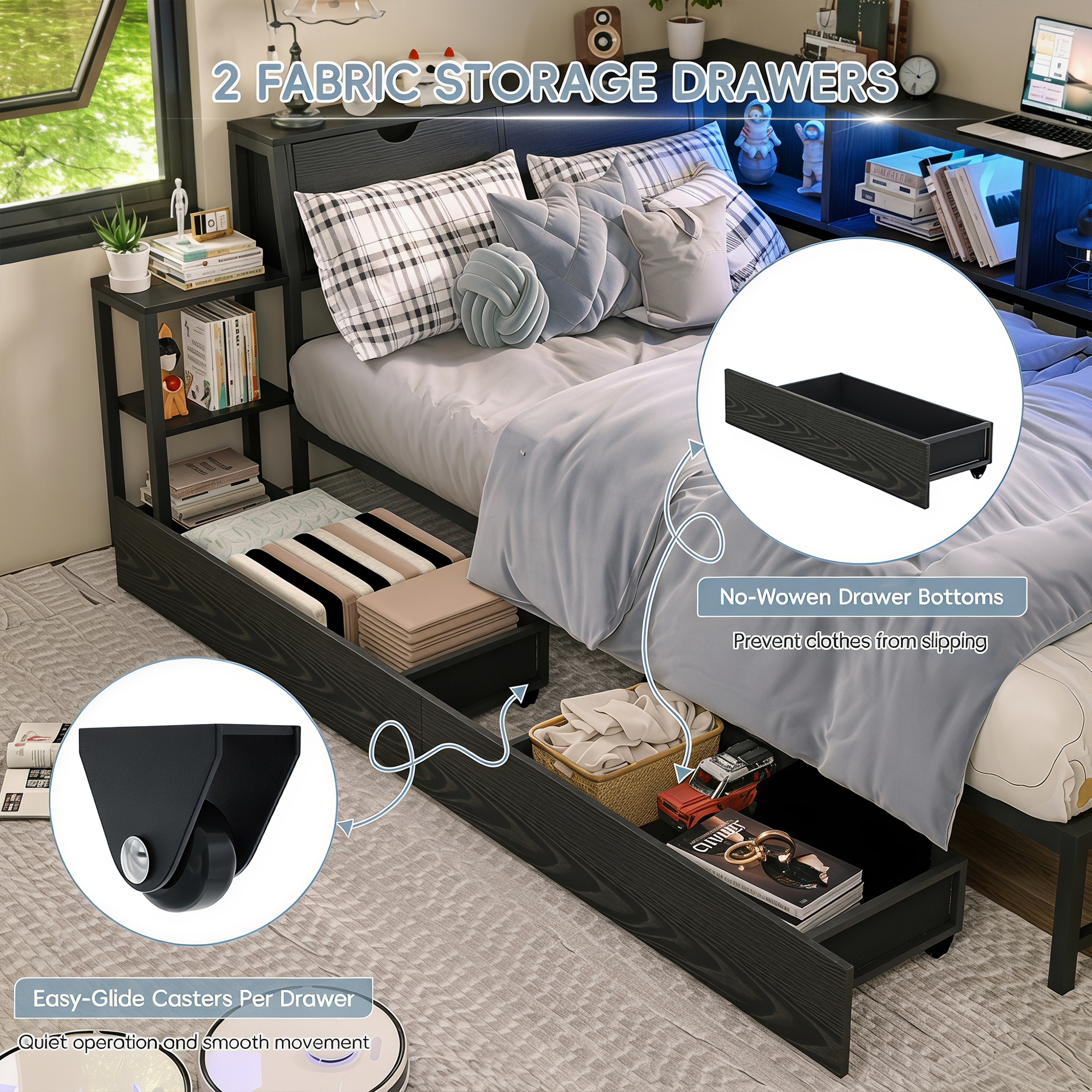 Guqiart Twin Corner RGB LED Lights Metal Daybed,Twin Size Metal Platform Bed Frame with Drawers