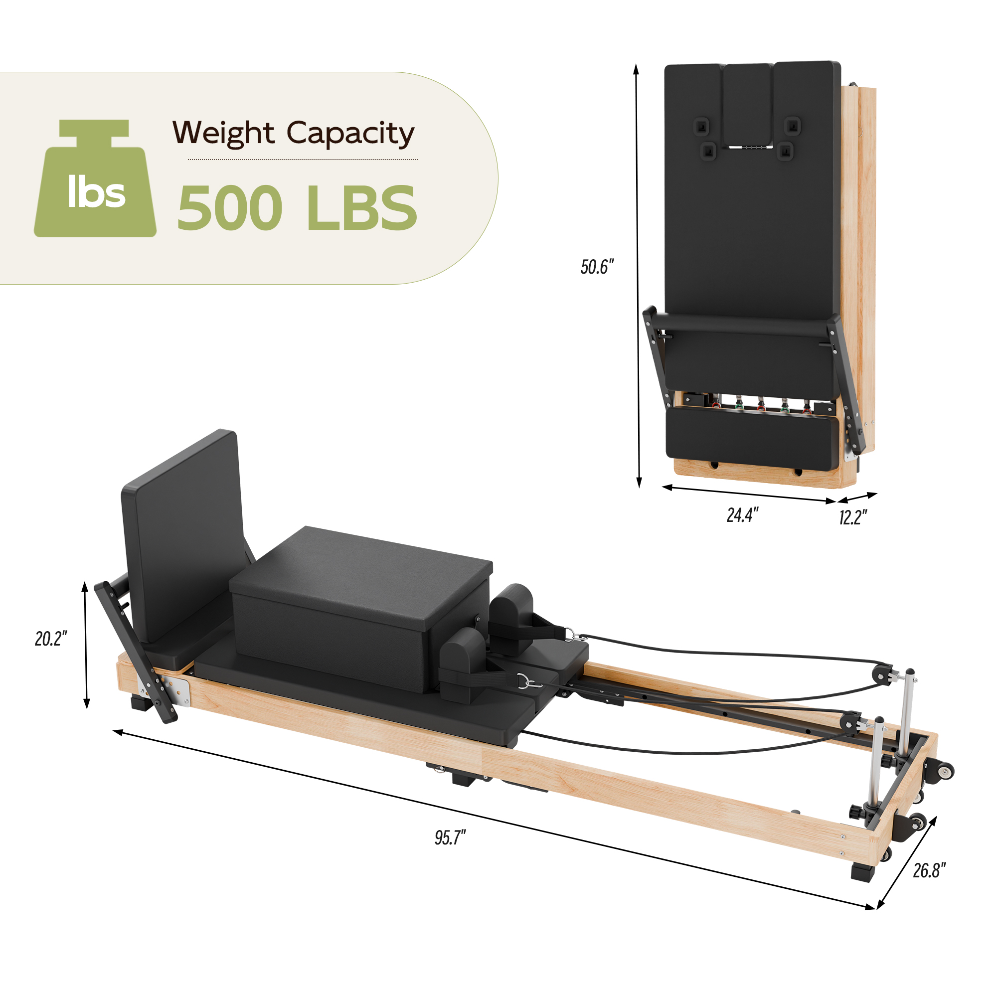 Guqiart Solid Rubberwood Pilates Reformer, 91 Inch with 5 Springs, Foldable
