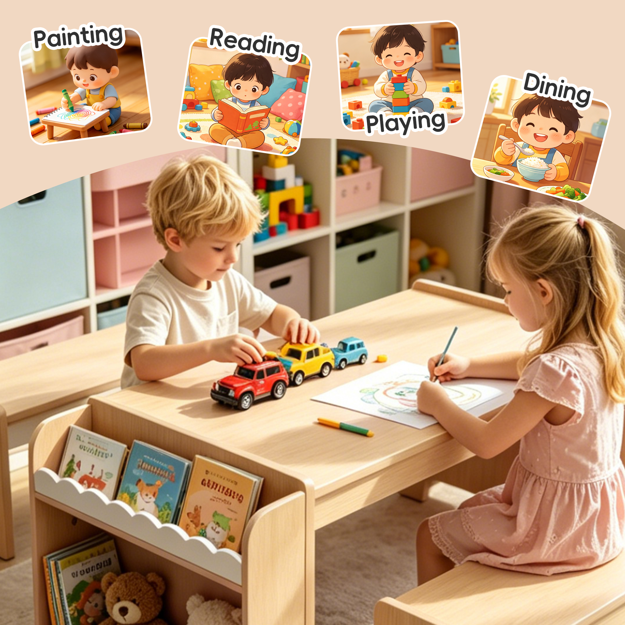 Kids Activity Table and Chair Set, Kids Table and Bench Set,With Storage, for Home, Classroom, Boys, Girls