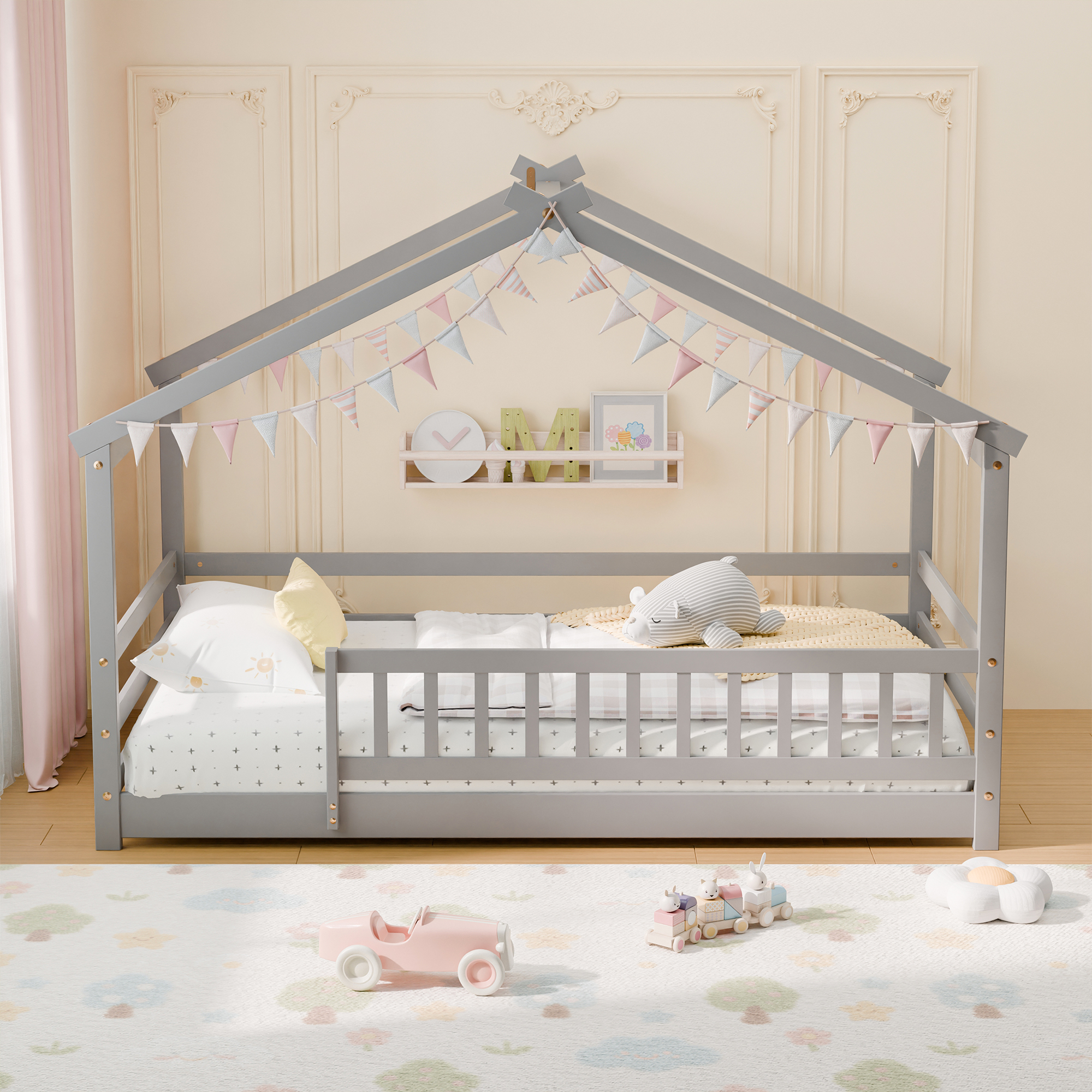 Guqiart Twin Size Wooden Floor Bed Frame with Safety Fence - Low Montessori Bed for Kids, No Box Spring Required