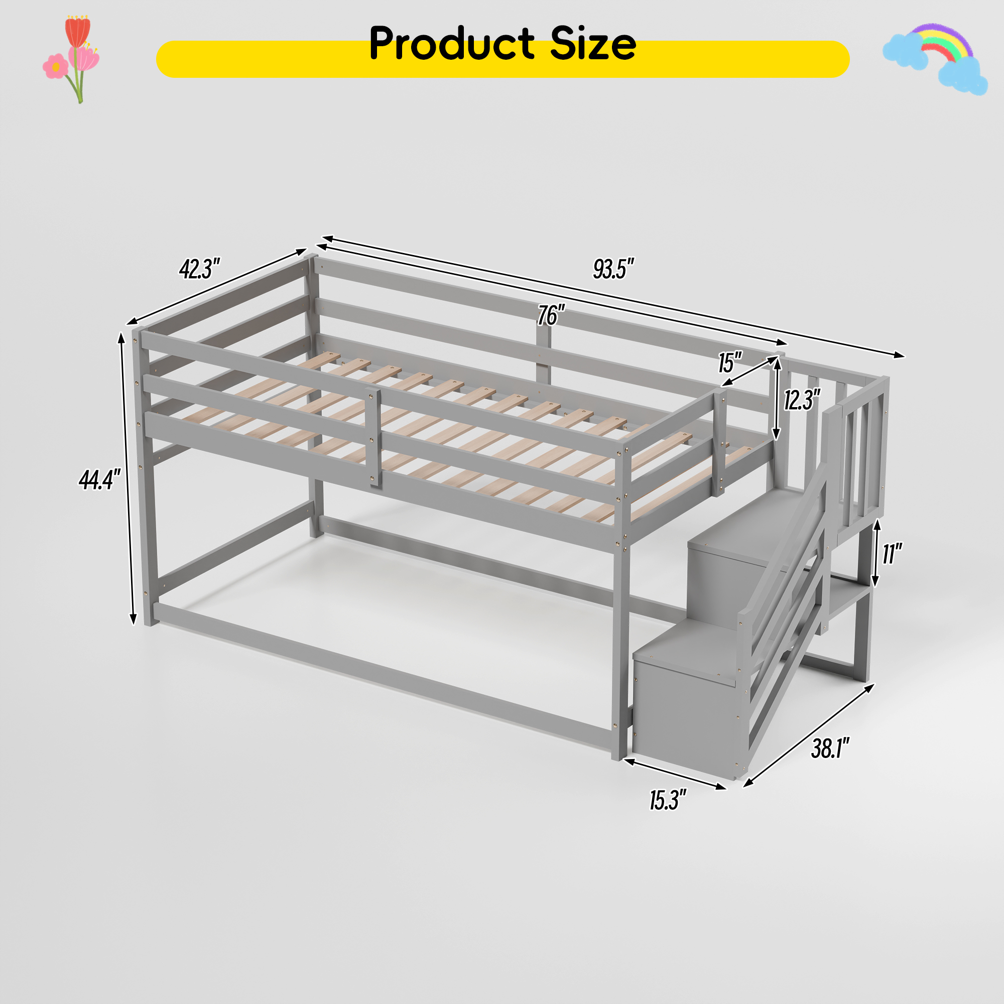 Guqiart Twin Over Twin Low Wooden Bunk Bed with Storage Stairs, Safety Guardrails & Hanging Bar, Bunk Bed Frame for Kids Boys Girls Juniors
