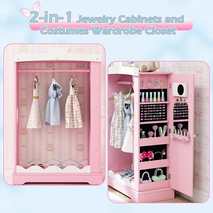 Guqiart Kids Armoire with Jewelry Cabinet, Dress up Storage with Mirror,Princess Dress Closet for Bedroom, Kids Room, Girls