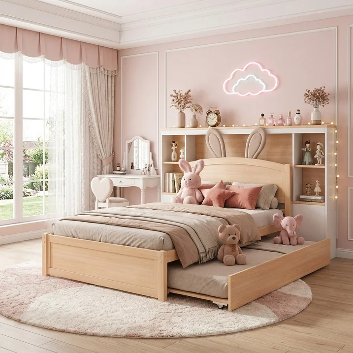 Guqiart Twin Size Trundle Bed Frame, Solid Wood Construction with Headboard, Roll Out Trundle & Wood Slat Support, Single Platform Bed No Box Spring Needed