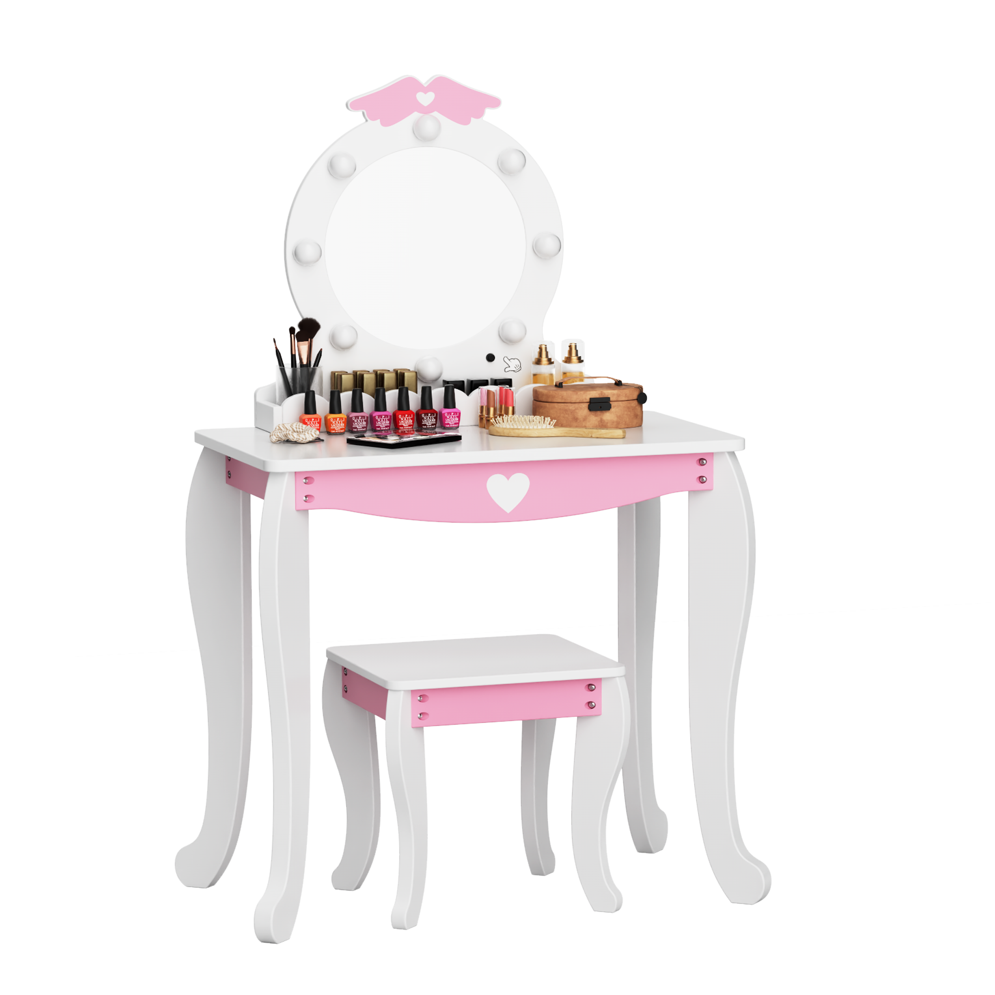 Kids Vanity Set with Lighted Mirror and Stool, Kids Make Up Vanity Desk with Storage Space