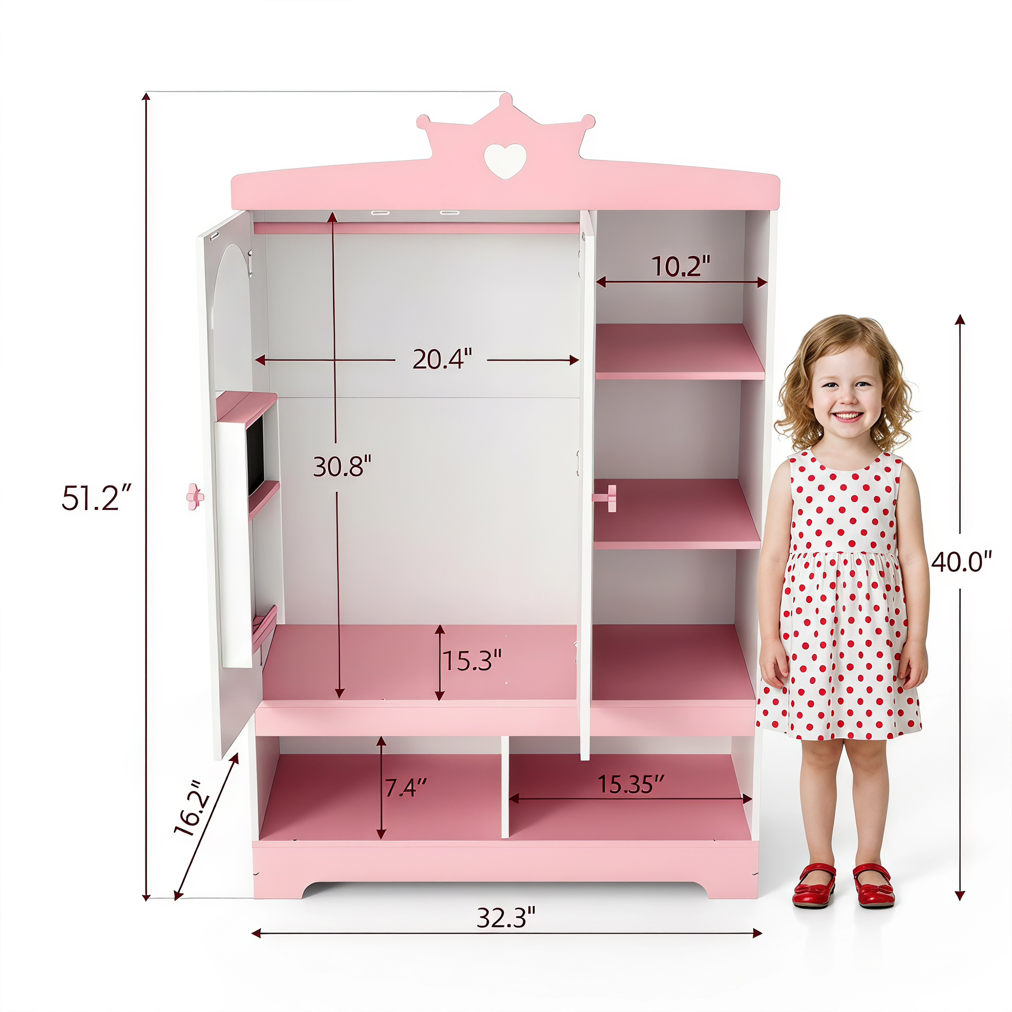 Guqiart Kids Dress Up Armoire Wardrobe for Little Girls, Princess Costume Storage Closet with Mirror, Jewelry Cabinet, Hanging Rack, Shelves & Door, Bedroom Kids Costume Organizer