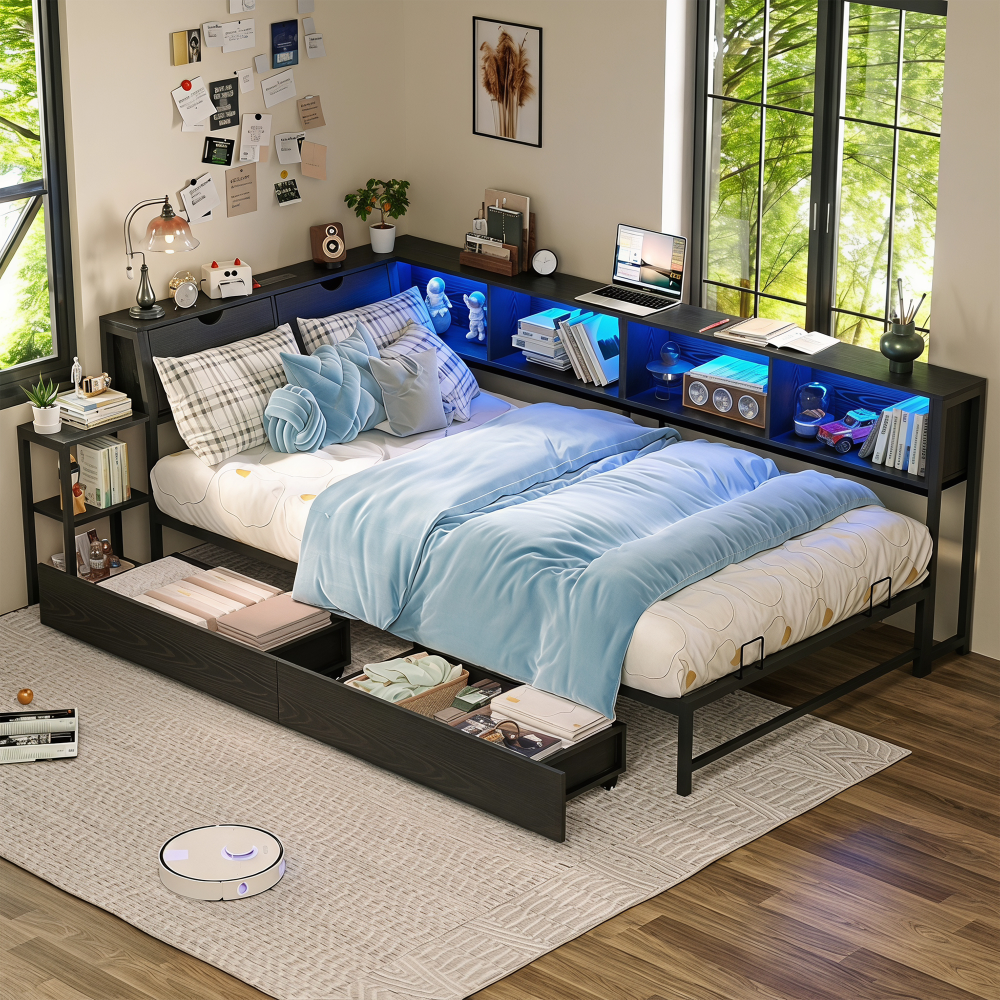 Guqiart Twin Corner RGB LED Lights Metal Daybed,Twin Size Metal Platform Bed Frame with Drawers