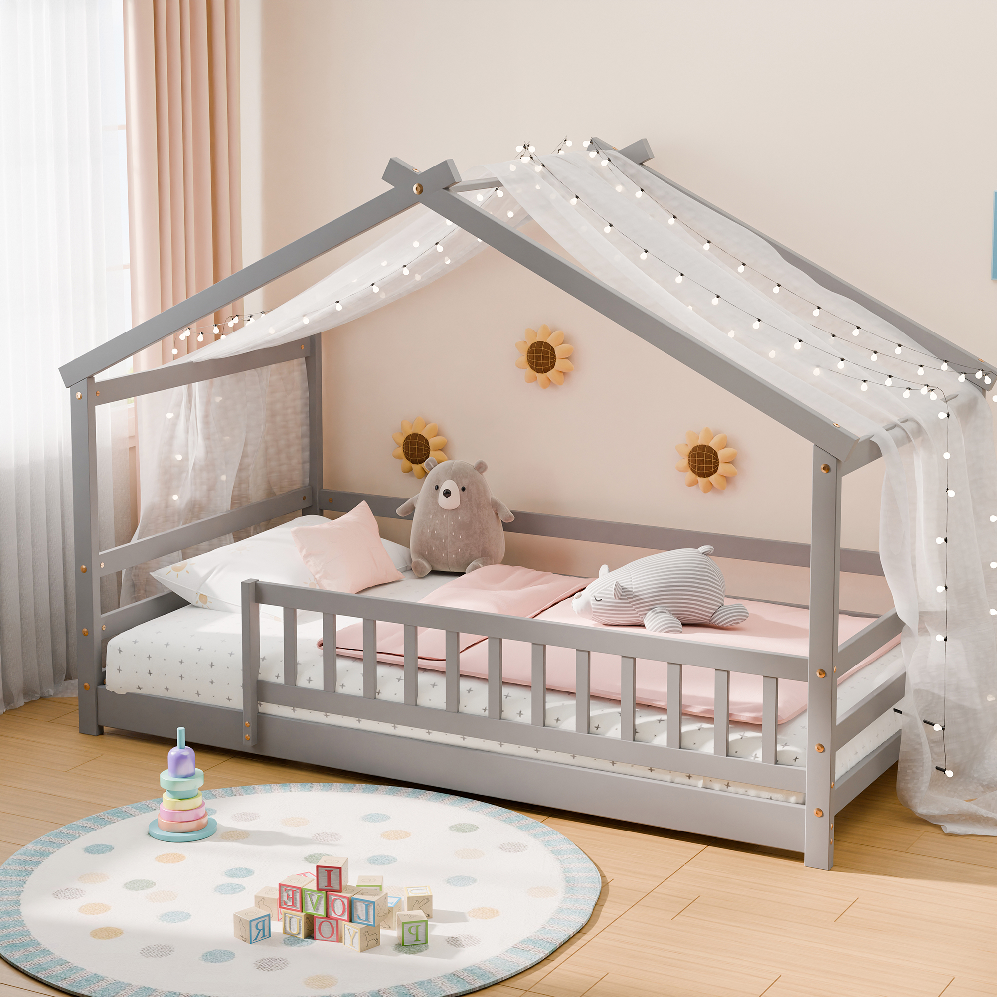 Guqiart Twin Size Wooden Floor Bed Frame with Safety Fence - Low Montessori Bed for Kids, No Box Spring Required