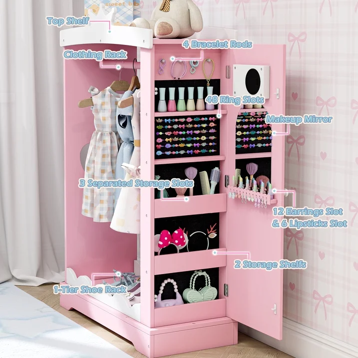 Guqiart Kids Armoire with Jewelry Cabinet, Dress up Storage with Mirror,Princess Dress Closet for Bedroom, Kids Room, Girls
