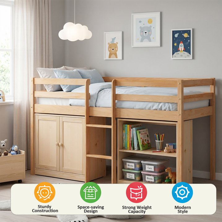 Guqiart Twin Low Loft Bed for Kids with Lights, Modern Toddler Loft Bed for Boys Girls,Safety Guardrail, Bookcase Storage & Play Space