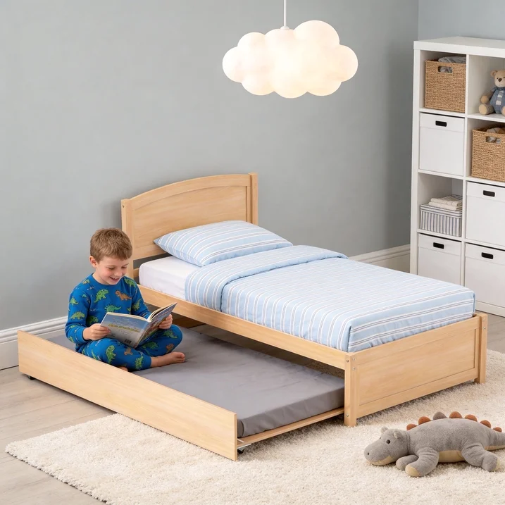 Guqiart Twin Size Trundle Bed Frame, Solid Wood Construction with Headboard, Roll Out Trundle & Wood Slat Support, Single Platform Bed No Box Spring Needed