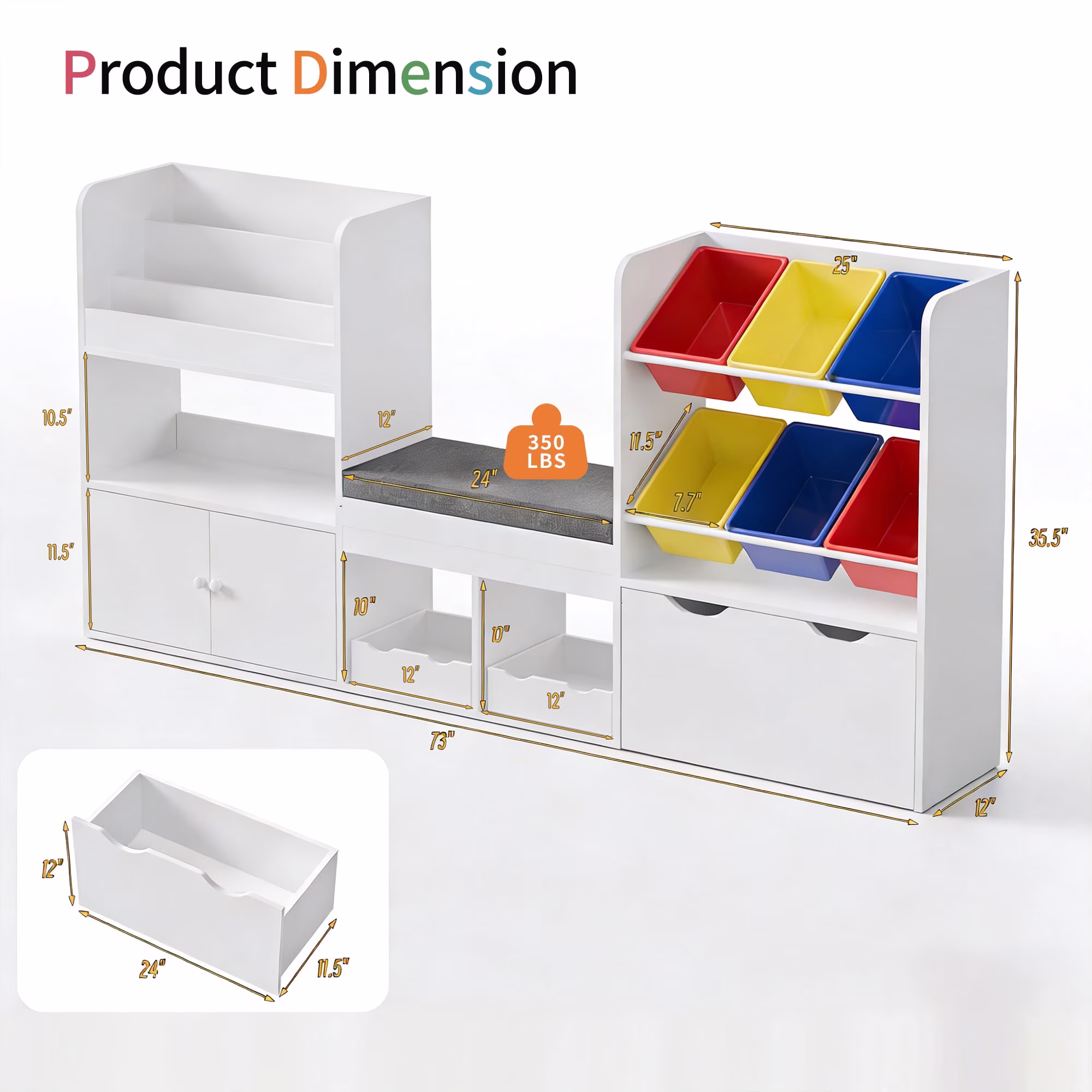 Guqiart Kids Bookshelf Reading Nook Storage Bench Toy Organizer Montessori With Movable Drawer and 6 Removable Bins Colorful Toy Bins 73 Inch