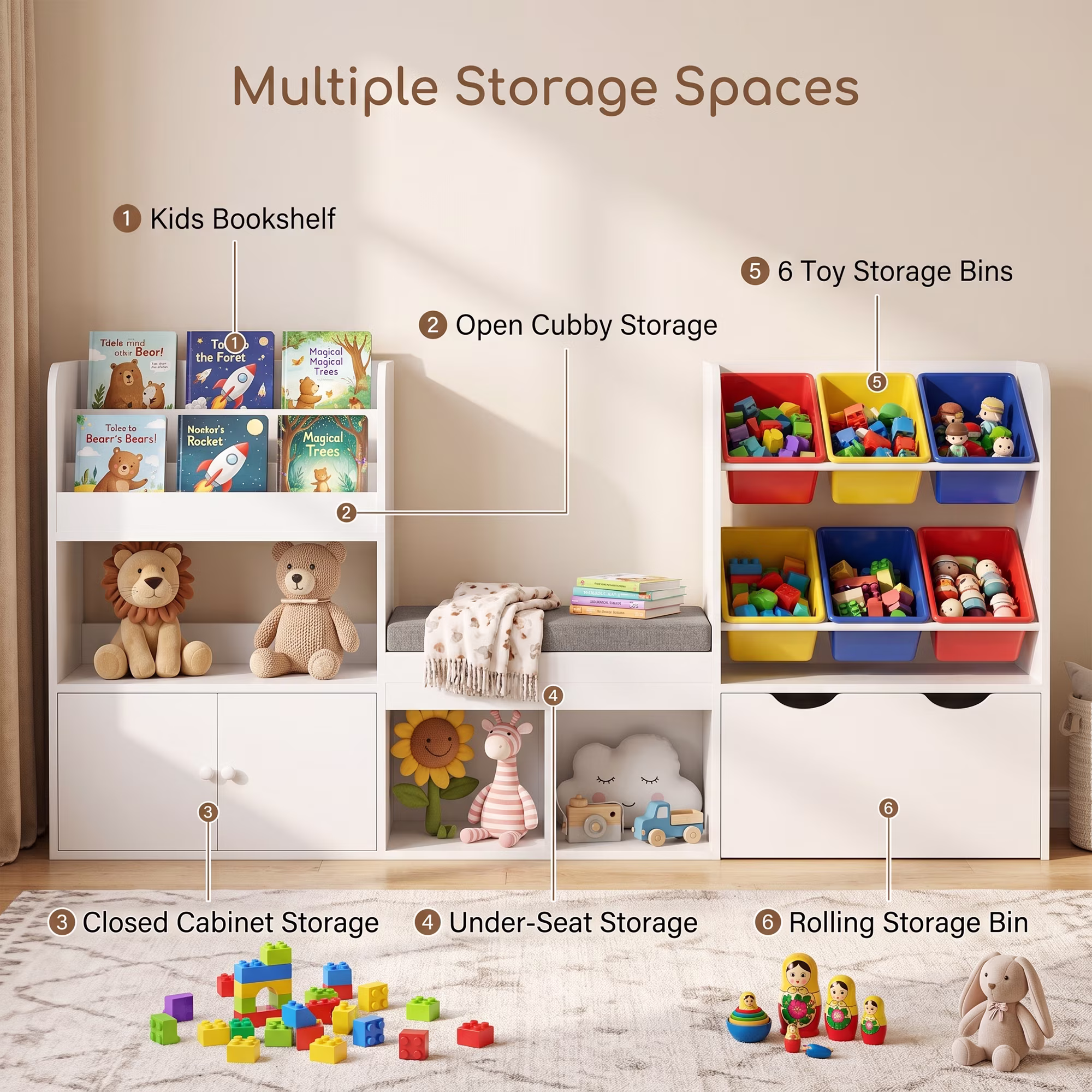 Guqiart Kids Bookshelf Reading Nook Storage Bench Toy Organizer Montessori With Movable Drawer and 6 Removable Bins Colorful Toy Bins 73 Inch