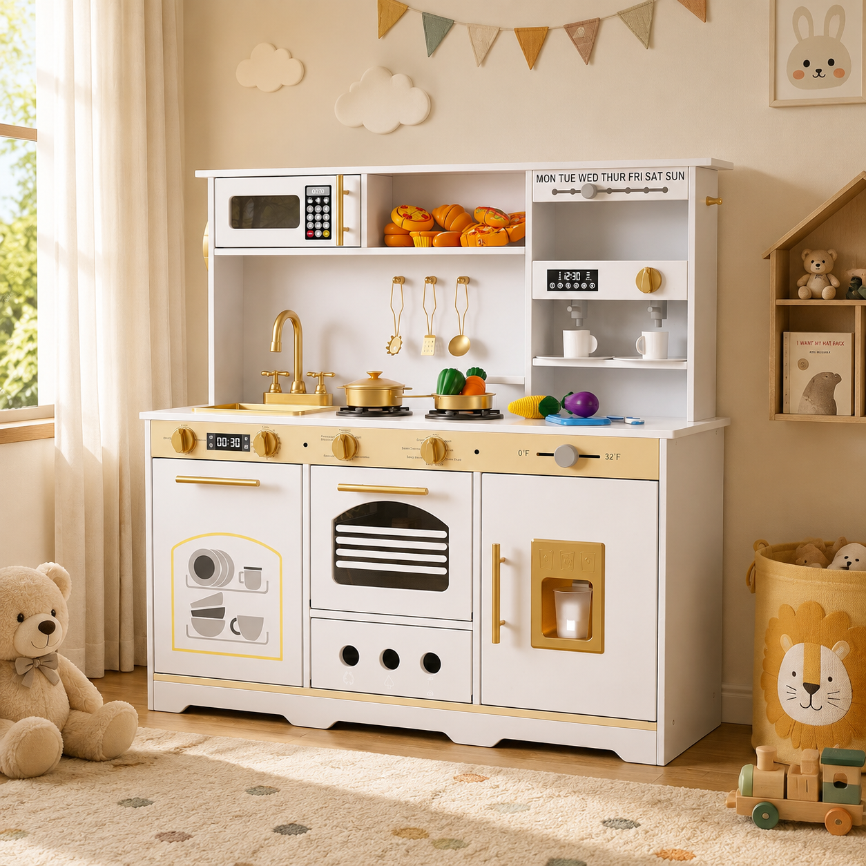 Guqiart Kids Kitchen Playset, Wooden Pretend Play Kitchen with Lights & Sounds, Toddler Cooking Toy with Sink, Stove, Microwave & 24 Accessories, Interactive Play Kitchen Set for Ages 3+