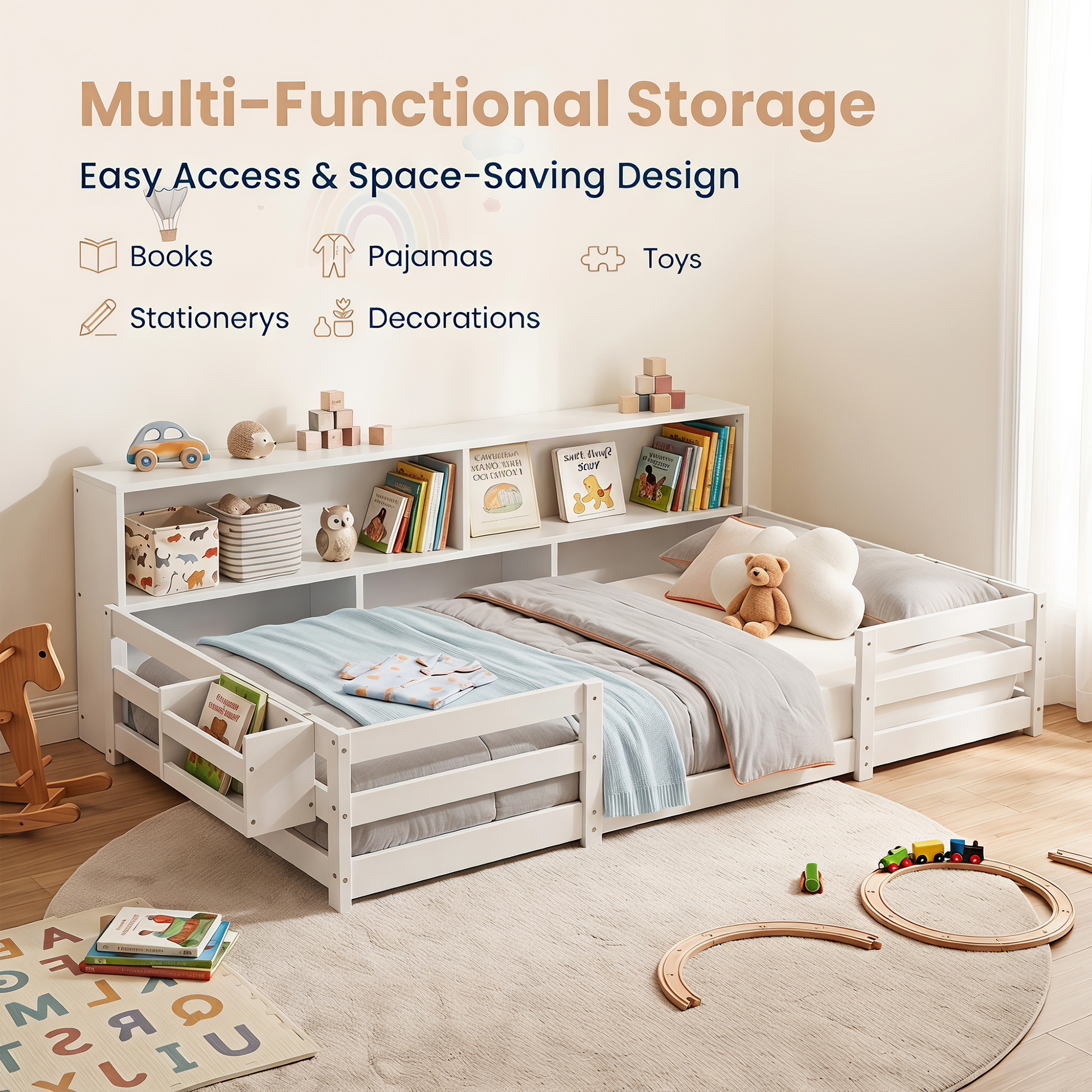 Guqiart Twin Wooden Montessori Floor Bed with Bookcase Storage, Safety Guardrails & Bedside Shelves, 2-in-1 Kids Bed