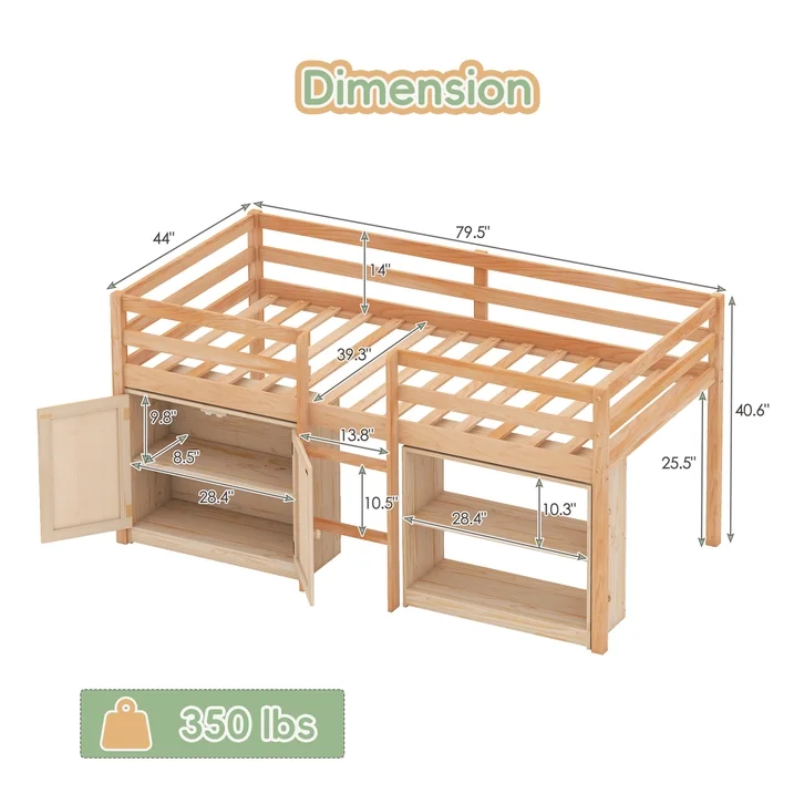 Guqiart Twin Low Loft Bed for Kids with Lights, Modern Toddler Loft Bed for Boys Girls,Safety Guardrail, Bookcase Storage & Play Space