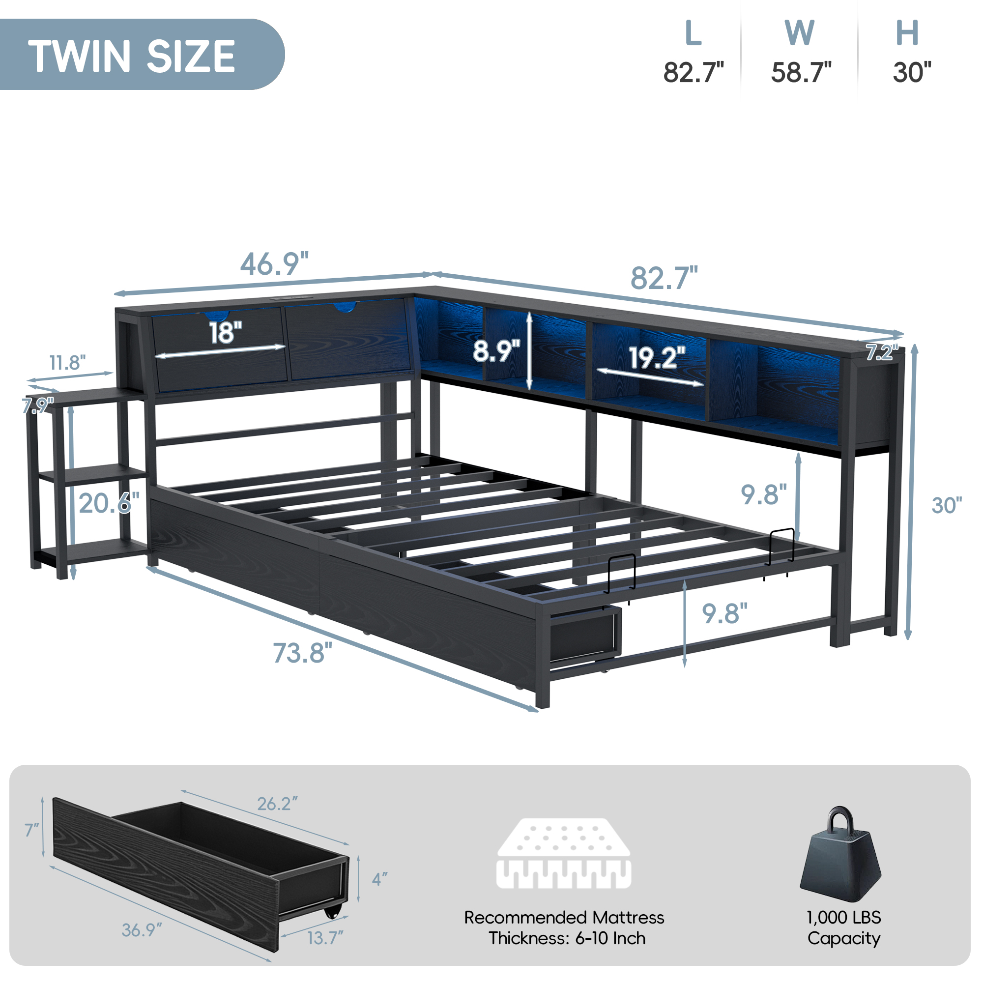 Guqiart Twin Corner RGB LED Lights Metal Daybed,Twin Size Metal Platform Bed Frame with Drawers