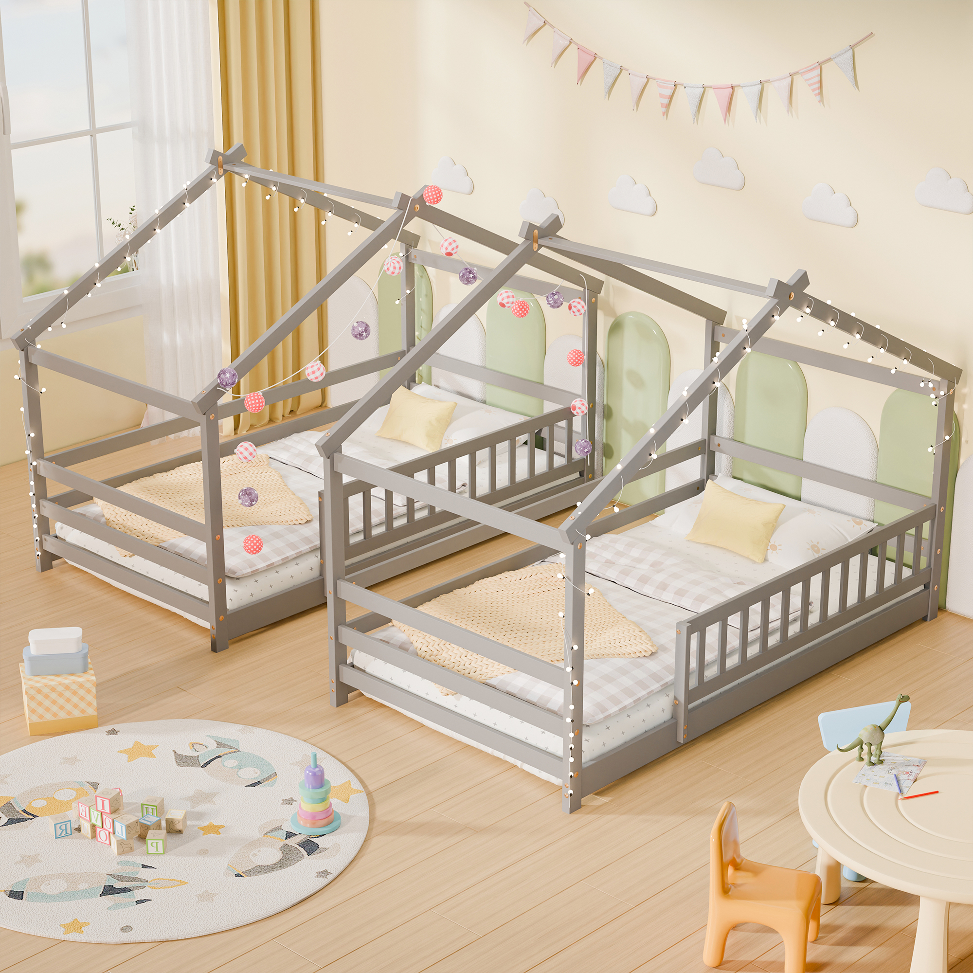 Guqiart Twin Size Wooden Floor Bed Frame with Safety Fence - Low Montessori Bed for Kids, No Box Spring Required