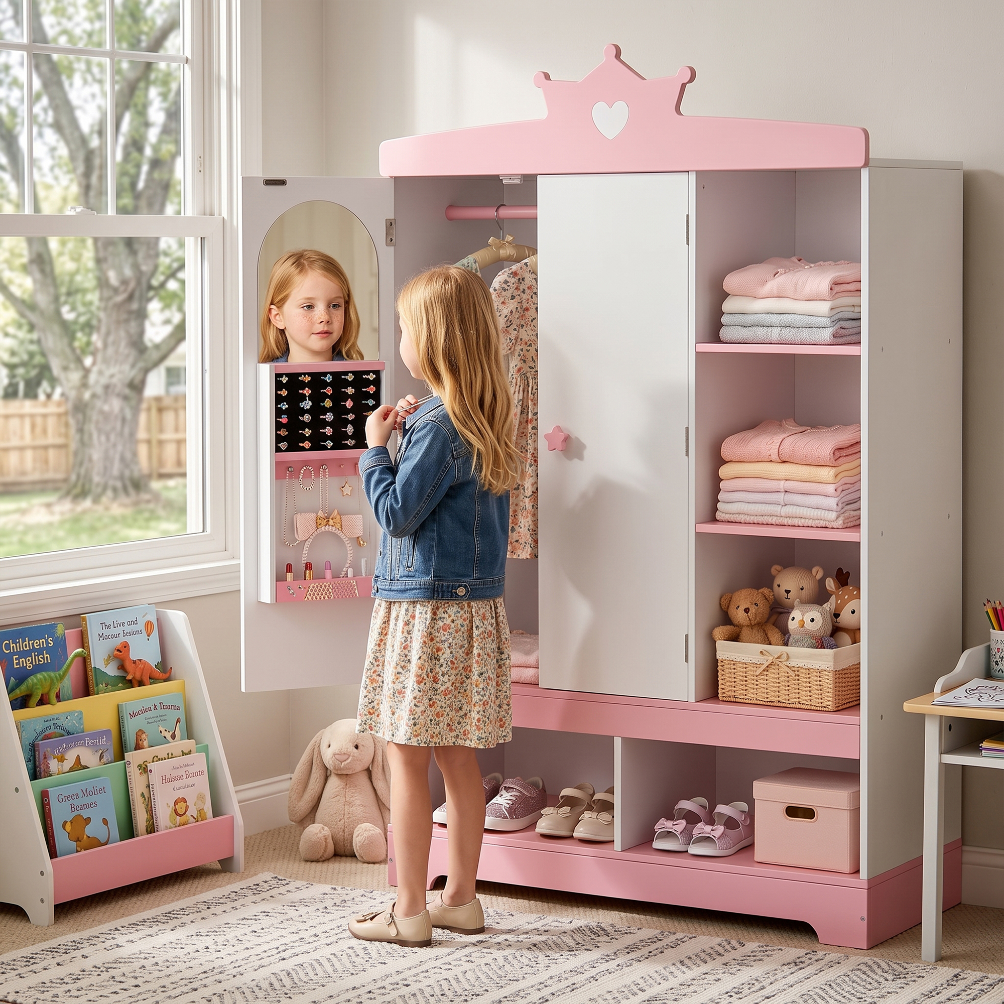 Guqiart Kids Dress Up Armoire Wardrobe for Little Girls, Princess Costume Storage Closet with Mirror, Jewelry Cabinet, Hanging Rack, Shelves & Door, Bedroom Kids Costume Organizer