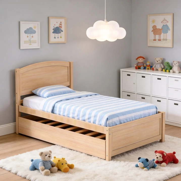Guqiart Twin Size Trundle Bed Frame, Solid Wood Construction with Headboard, Roll Out Trundle & Wood Slat Support, Single Platform Bed No Box Spring Needed