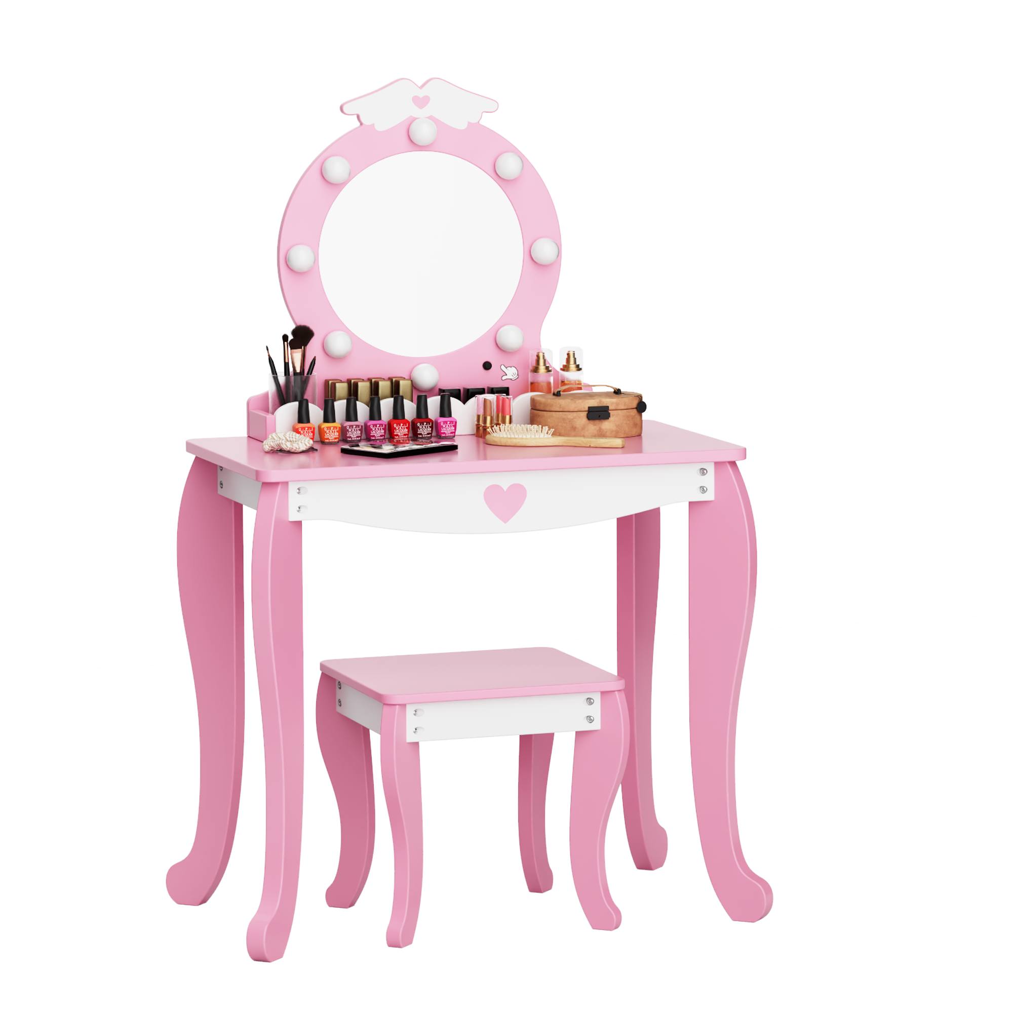 Kids Vanity Set with Lighted Mirror and Stool, Kids Make Up Vanity Desk with Storage Space