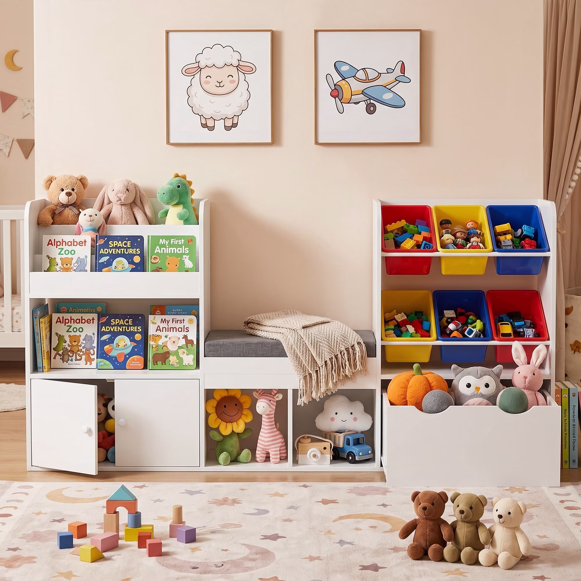 Guqiart Kids Bookshelf Reading Nook Storage Bench Toy Organizer Montessori With Movable Drawer and 6 Removable Bins Colorful Toy Bins 73 Inch