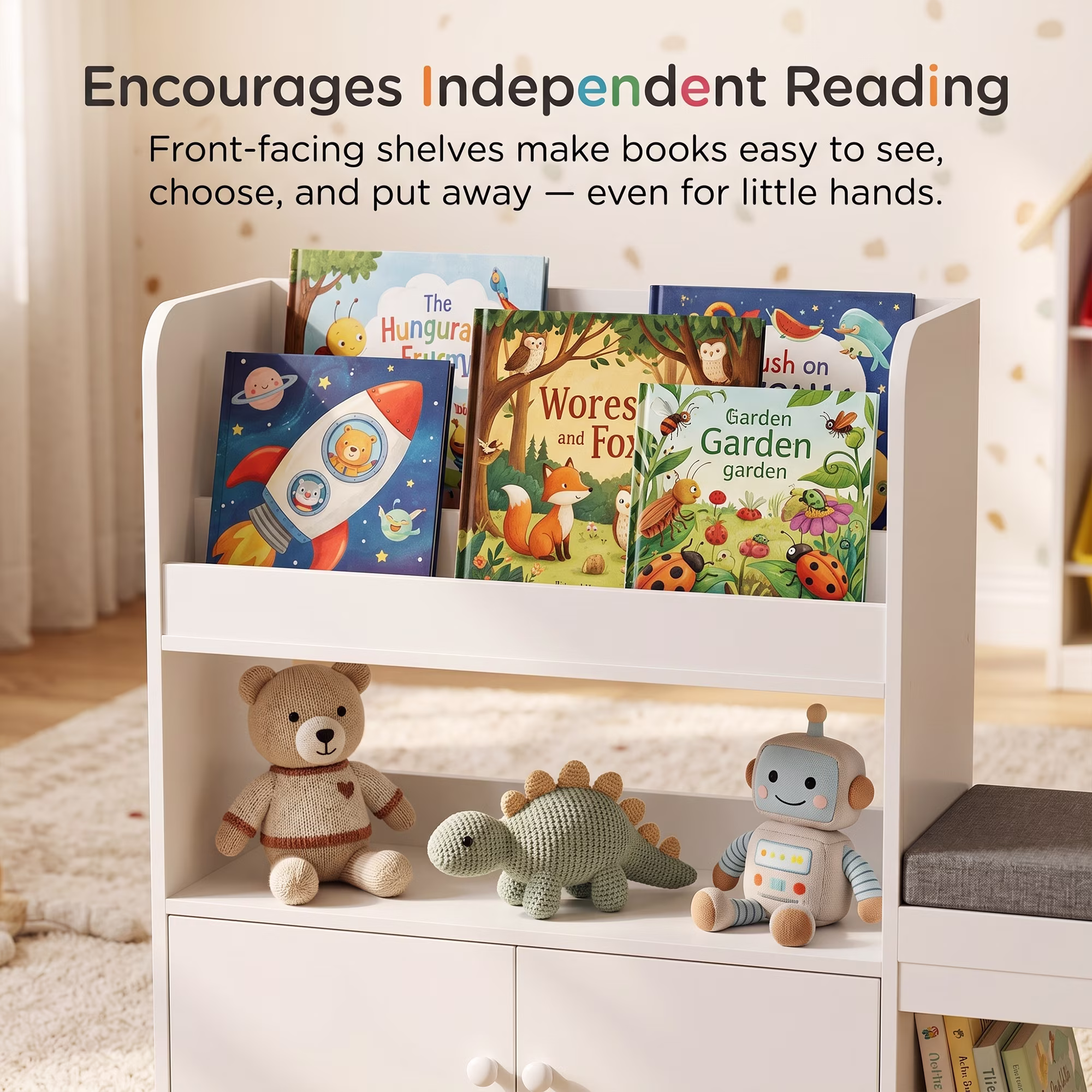 Guqiart Kids Bookshelf Reading Nook Storage Bench Toy Organizer Montessori With Movable Drawer and 6 Removable Bins Colorful Toy Bins 73 Inch