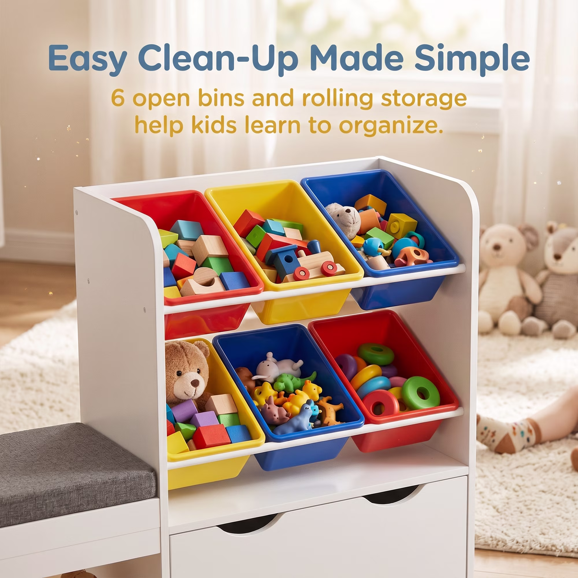 Guqiart Kids Bookshelf Reading Nook Storage Bench Toy Organizer Montessori With Movable Drawer and 6 Removable Bins Colorful Toy Bins 73 Inch