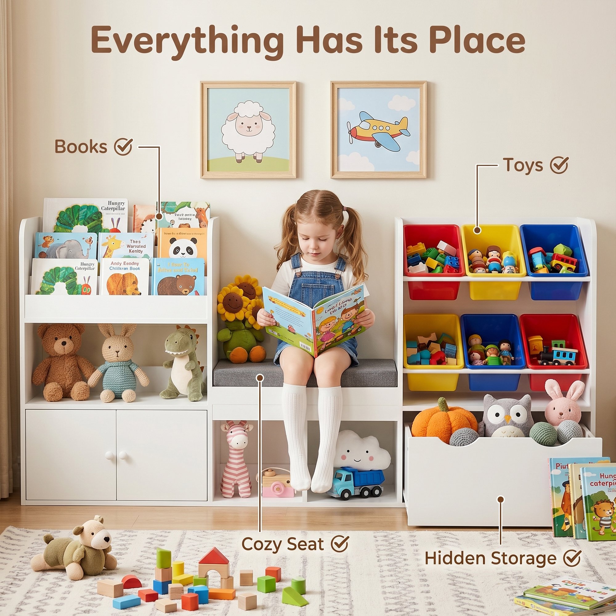 Guqiart Kids Bookshelf Reading Nook Storage Bench Toy Organizer Montessori With Movable Drawer and 6 Removable Bins Colorful Toy Bins 73 Inch