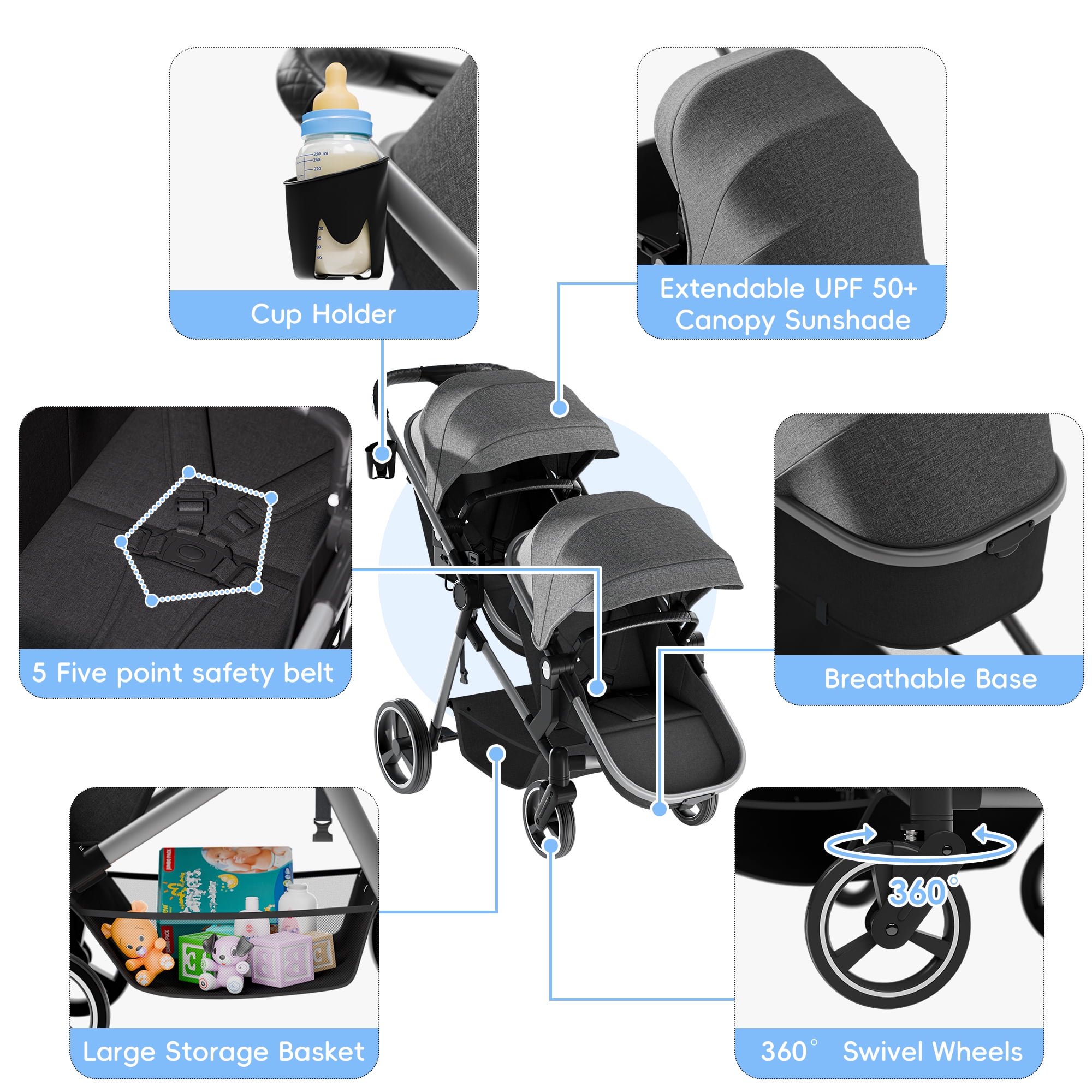 Guqiart Double Stroller, Convertible Twin Stroller, Double Infant Stroller for Newborn and Toddler