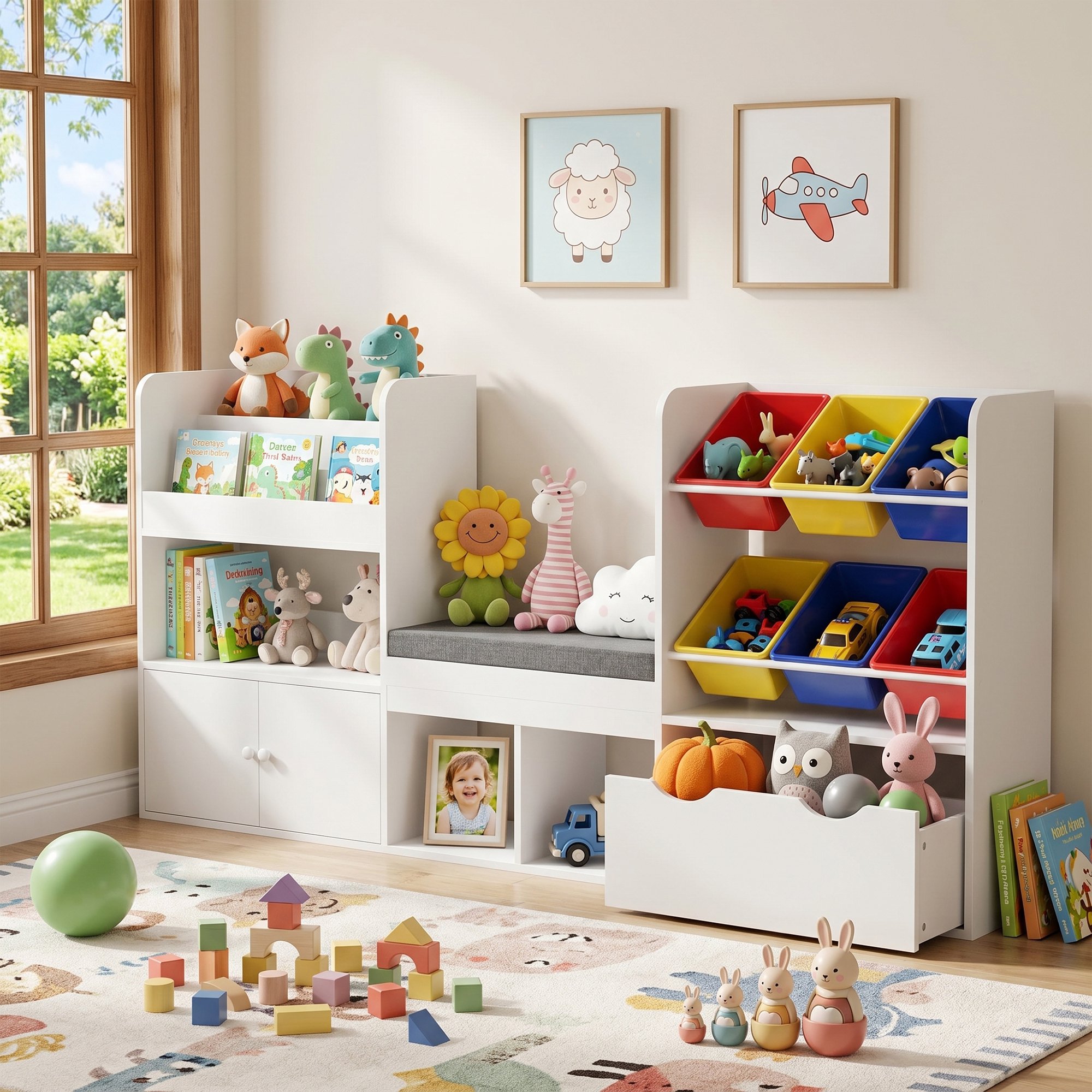 Guqiart Kids Bookshelf Reading Nook Storage Bench Toy Organizer Montessori With Movable Drawer and 6 Removable Bins Colorful Toy Bins 73 Inch