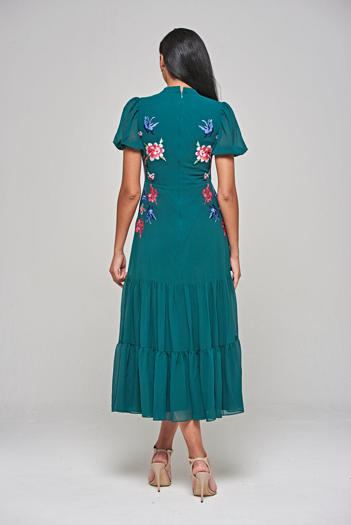 Green Floral Embroidered Midi Dress