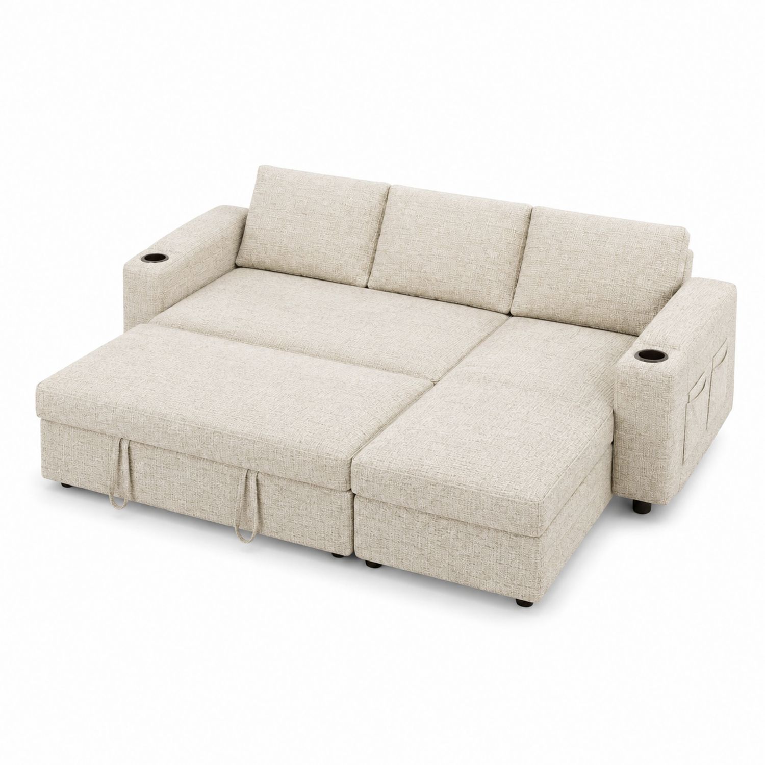 Sofa rozkładana z tkaniny kremowej z uchwytami na kubki
