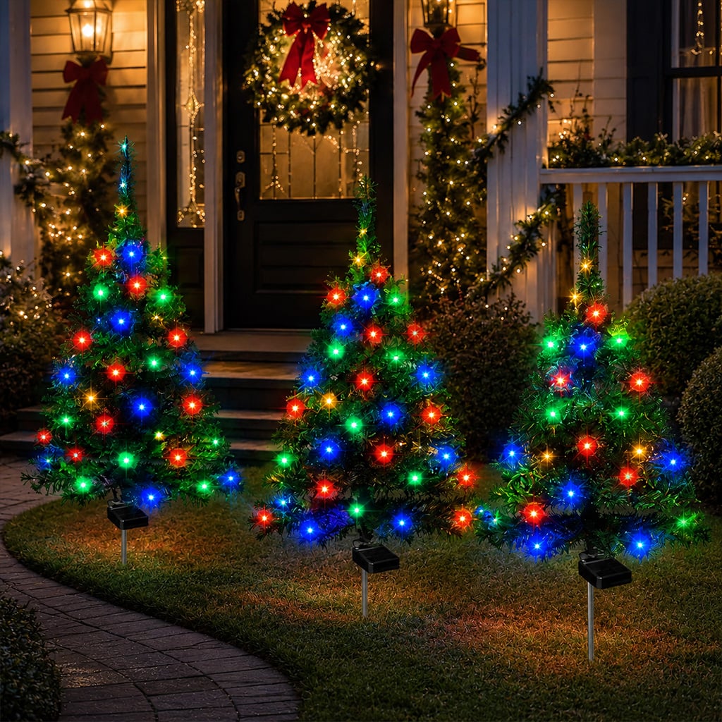 Solar Christmas tree lights decorating an outdoor space