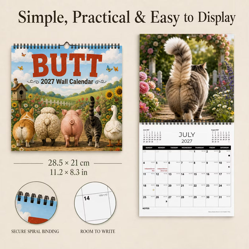 ⏰⏰【Last Day Buy 1 Get 1 Free】 🐾📅2027 Funny Animal Butt Wall Calendar – Humorous Decor, Lovely Gift Idea
