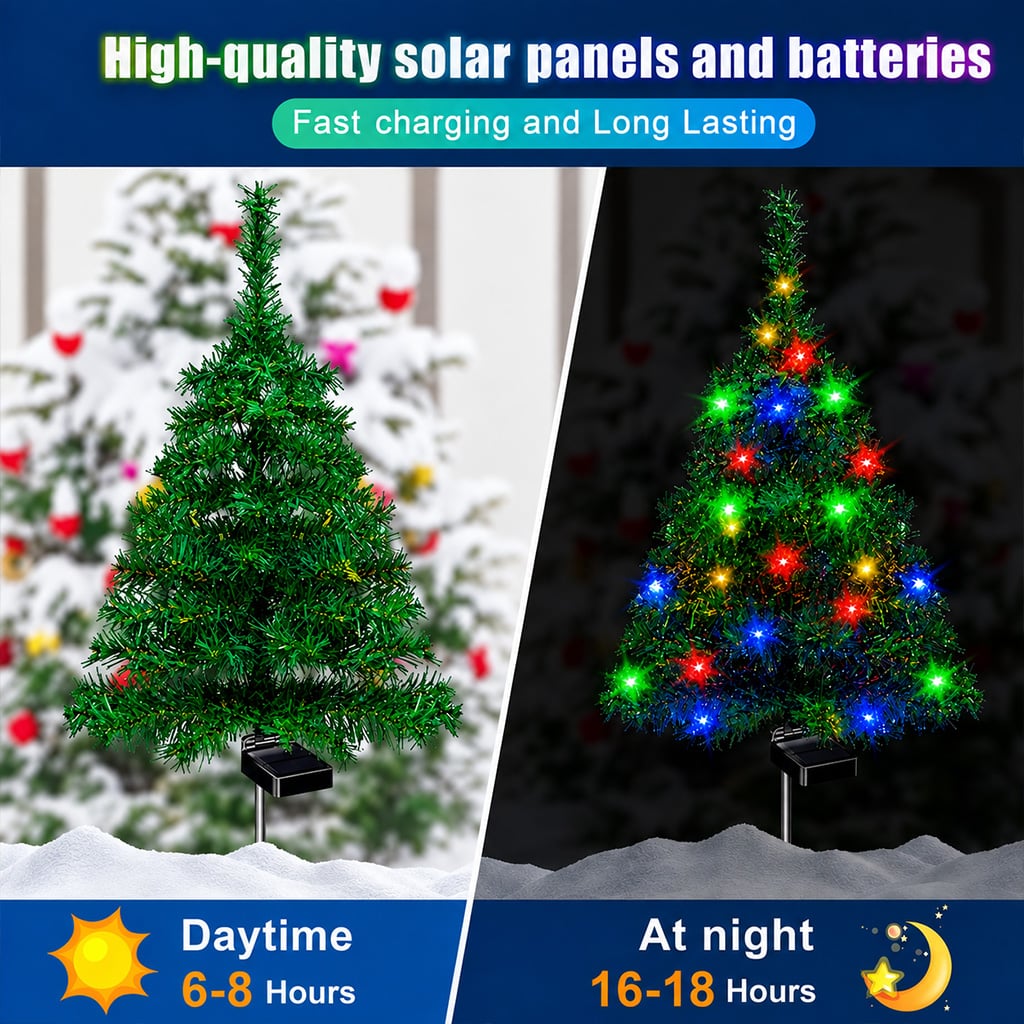 Solar Christmas tree charging by day and glowing at night