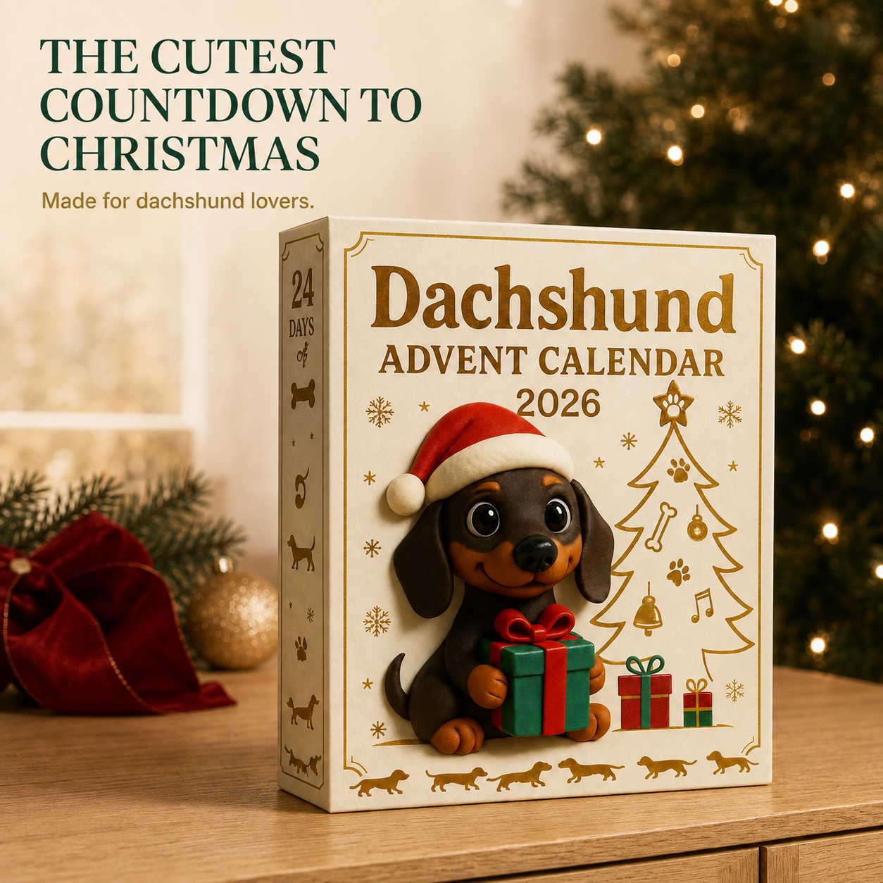 Dachshund Advent Calendar displayed beside a Christmas tree