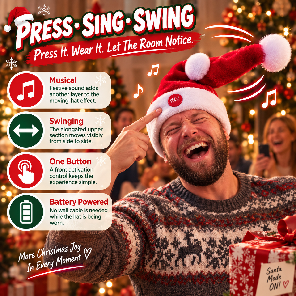 Press sing swing dancing Santa hat