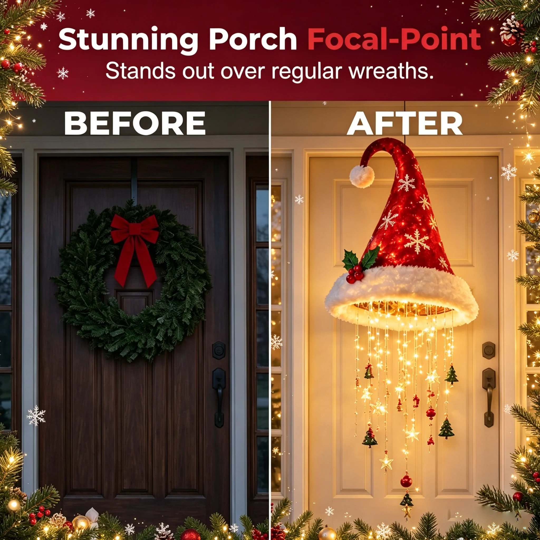 🎅✨Light‐Up Santa Hat Hanging Chandelier, Plush Christmas Pendant Light with Hanging Ornaments, Indoor & Covered Porch Holiday Decoration