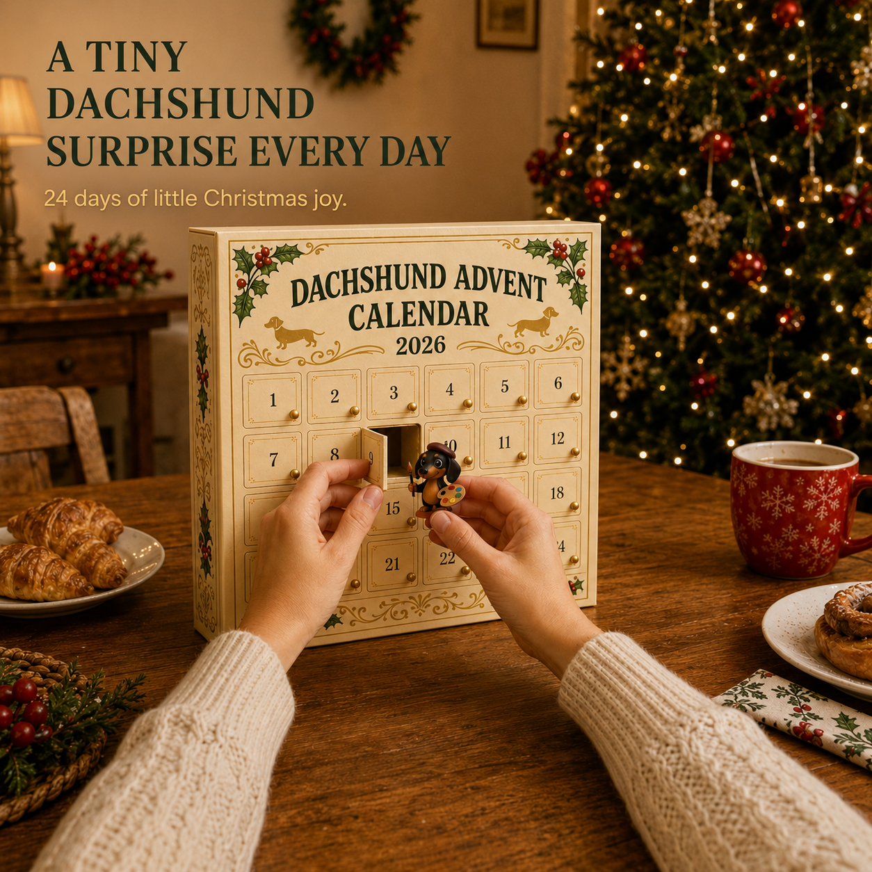 Opening one numbered calendar door to reveal one dachshund