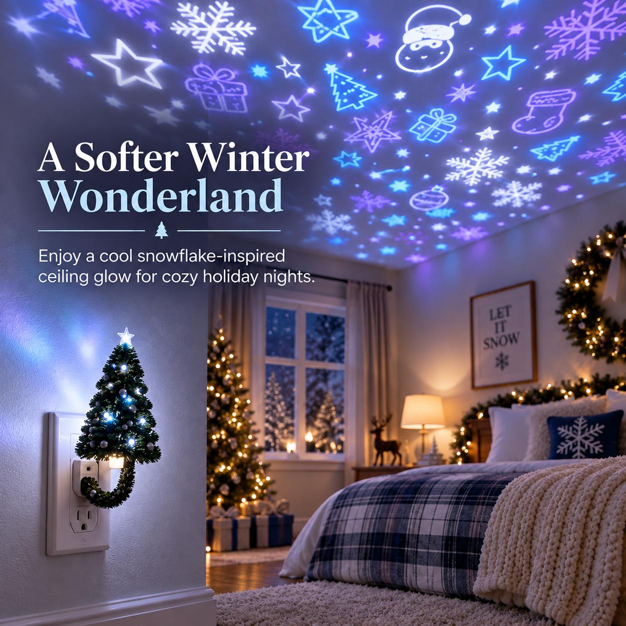 Cool blue winter snowflake ceiling projection