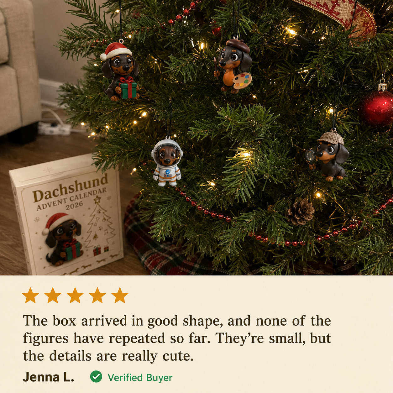 Verified customer review showing dachshund ornaments on a Christmas tree