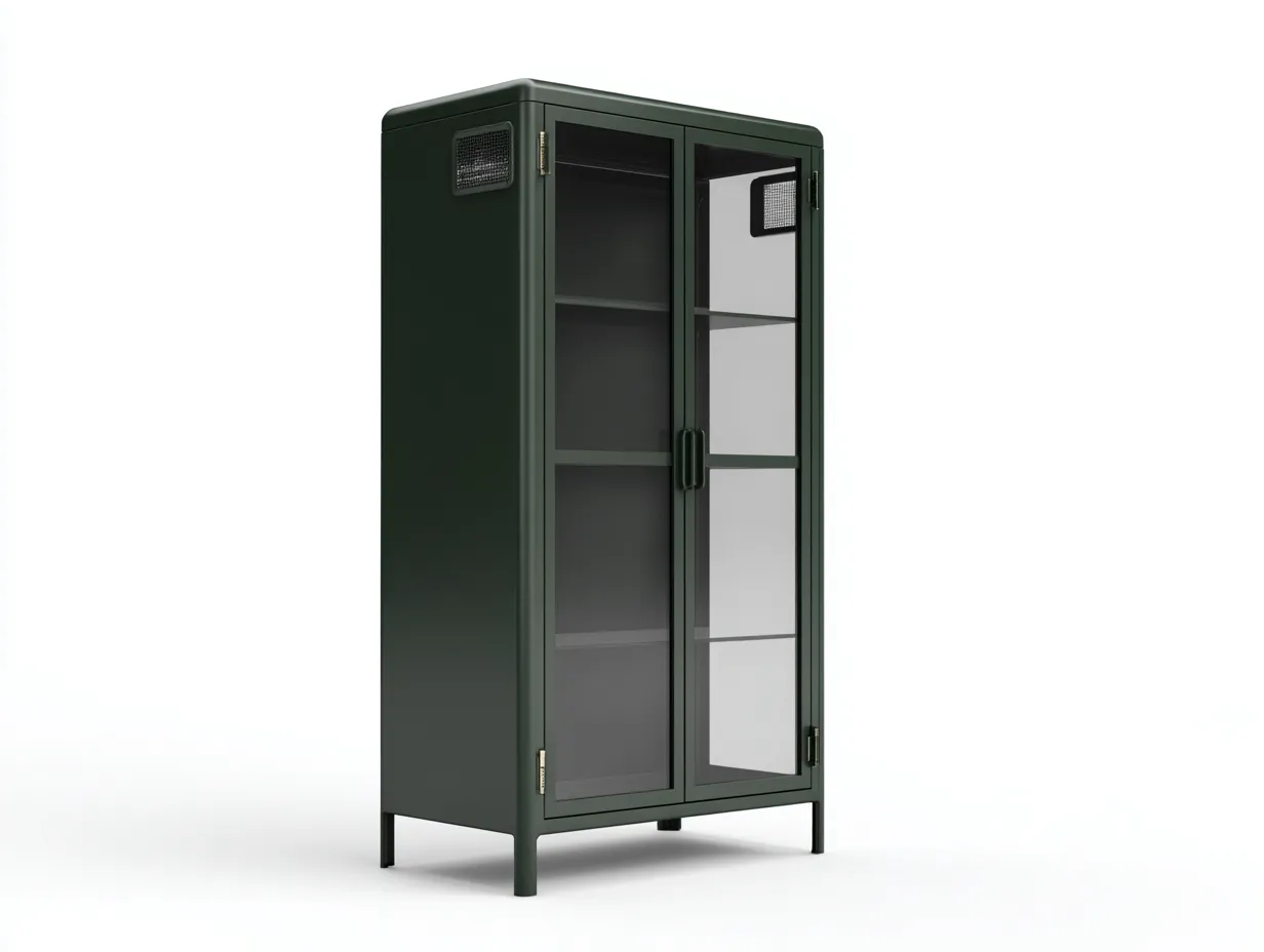 Vitrina alta de metal verde oscuro con cristal 78x38x170 cm - verde oscuro y transparente - para comedor - perfil vertical moderno-Vanaospace