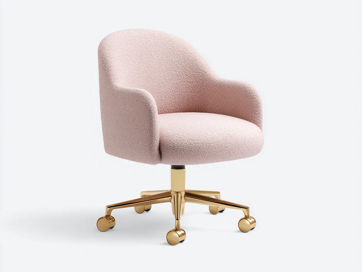 Silla De Oficina 62x62x84 cm - bouclé rosa claro y dorado - con brazos envolventes y ruedas para despacho-Vanaospace