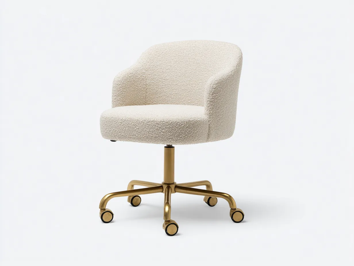 Silla De Oficina 62x61x85 cm - bouclé marfil y dorado - con asiento envolvente y ruedas para oficina elegante-Vanaospace