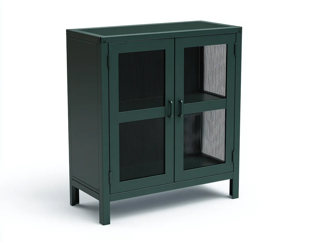 Vitrina metálica verde oscuro con cristal acanalado 90x40x120 cm - verde oscuro y negro - para comedor - aire industrial refinado-Vanaospace